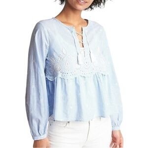 Gap Striped Embroidered Eyelet Tiered Peasant Blouse Tassels Puff Sleeves Sz XS